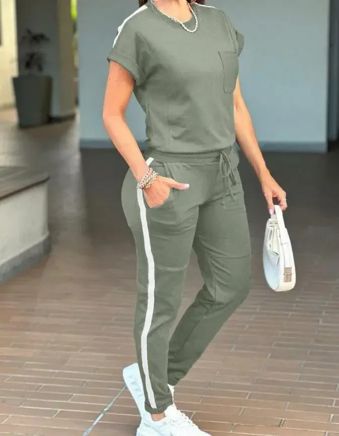 Conjunto de dos piezas para mujer, chándal con paneles, cuello redondo, Top de manga corta y diseño de bolsillo informal, conjunto de pantalones con cordón