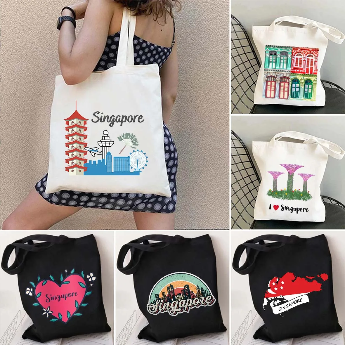 Sac fourre-tout en toile rétro, Armoiries de voyage, Singapour Feel Map, Shophouse Skyline Coussins, Souvenir initié, Shopping Shopper, Sacs à main