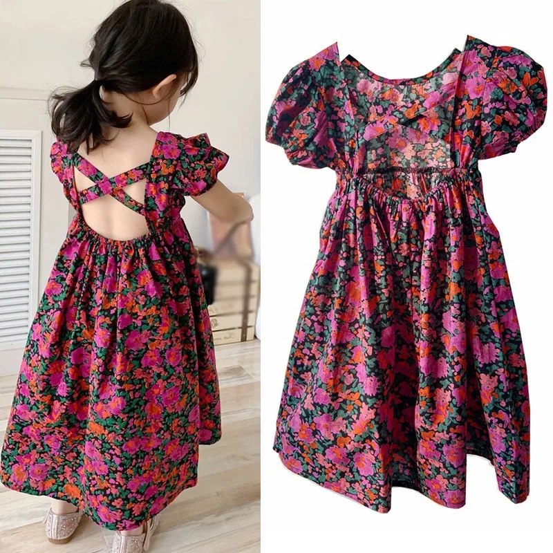 Little Girls Summer Dress Floral Short Sleeve Cotton Casual Outfits Beach Dress 3-8Y