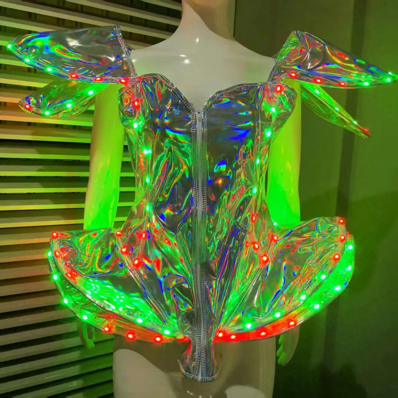 Fluoreszierendes silbernes Tanzkostüm, Kunstleder, Fliegenschulter-Body mit Shorts, Sänger, Team, Gogo, Bühnenaufführungskleidung