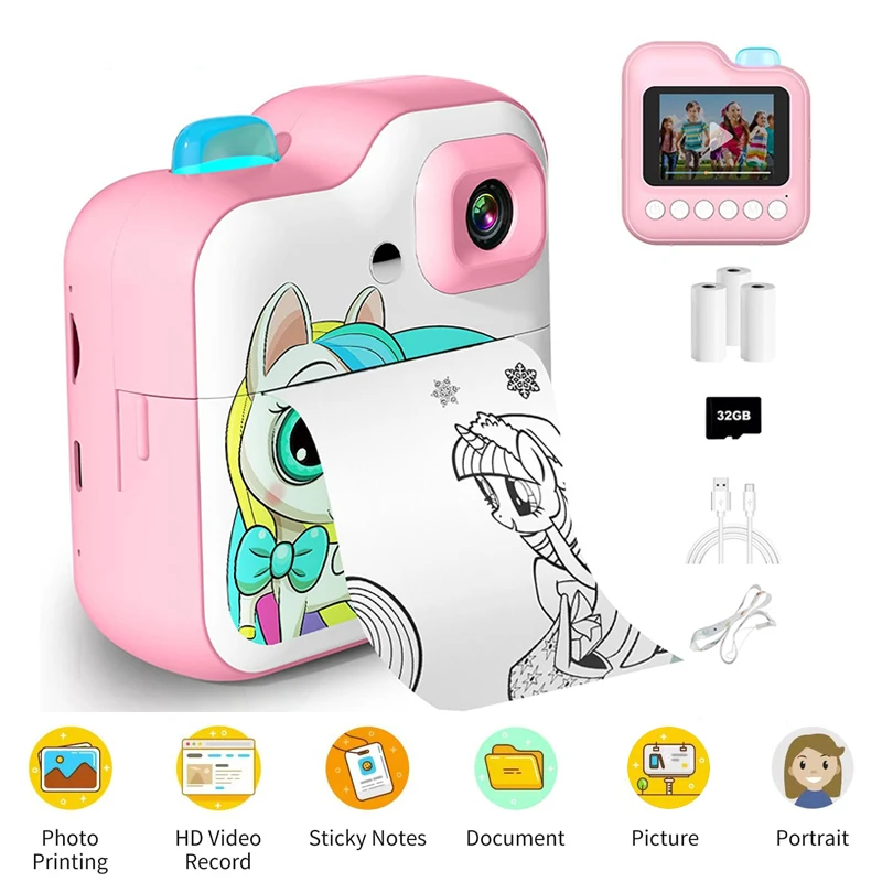 Mini cámara Digital de impresión instantánea para niños, tarjeta TF de 32G, papel de impresión sin tinta, juguetes educativos de vídeo para niños, regalo