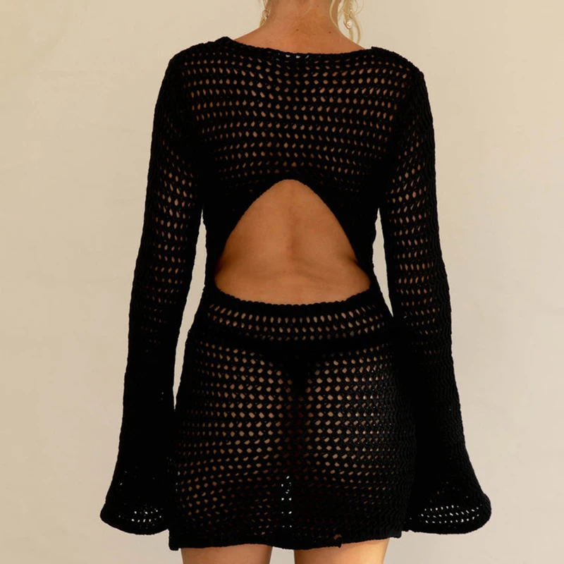 Sexy Backless Knitted Dress Women Crochet Hollow Out Mini Dresses Summer Beach Boho Long Sleeve See Throug Bikini Cover-up