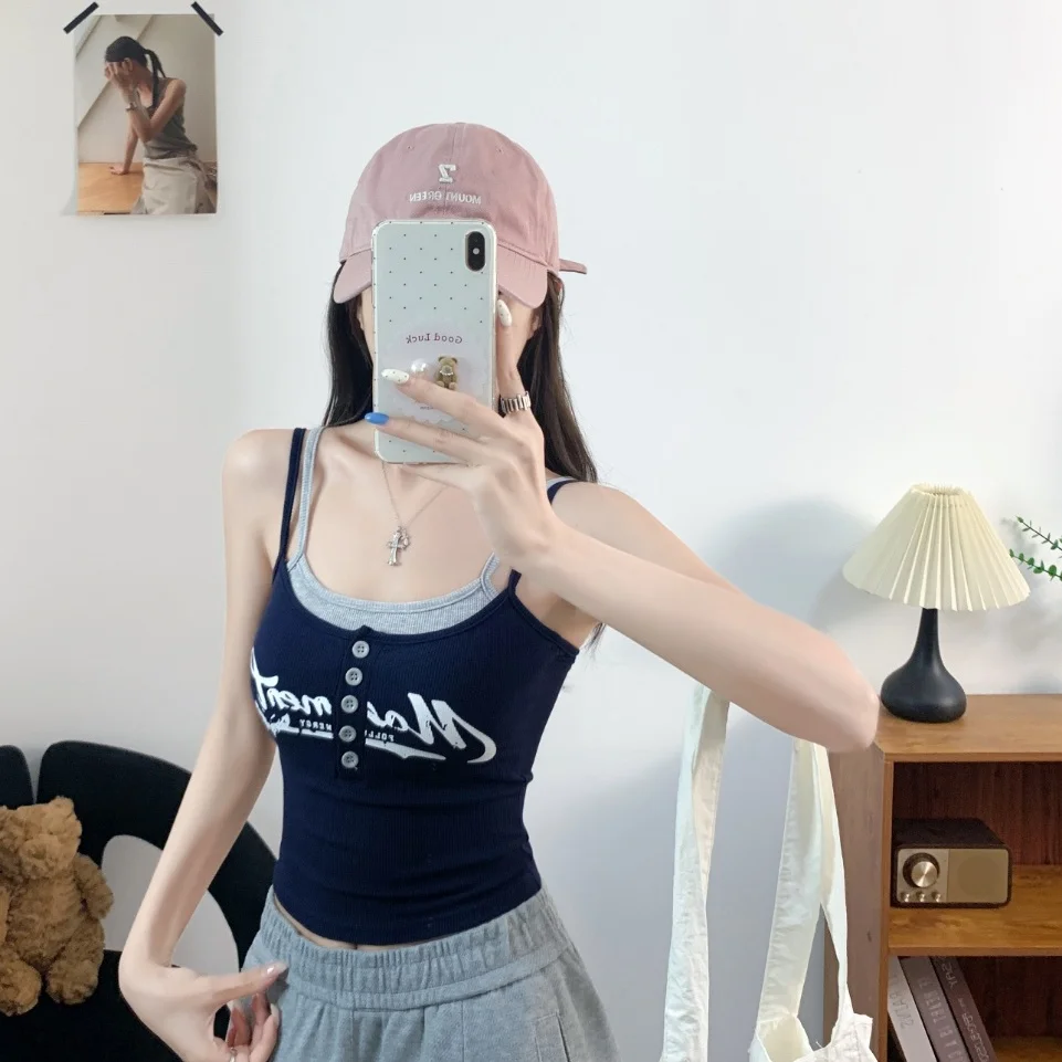 Summer New Style Spicy Girl Color Block Letter Print Buttoned Crop Top Women's Slim Fit Integrated with Chest Pad Vest