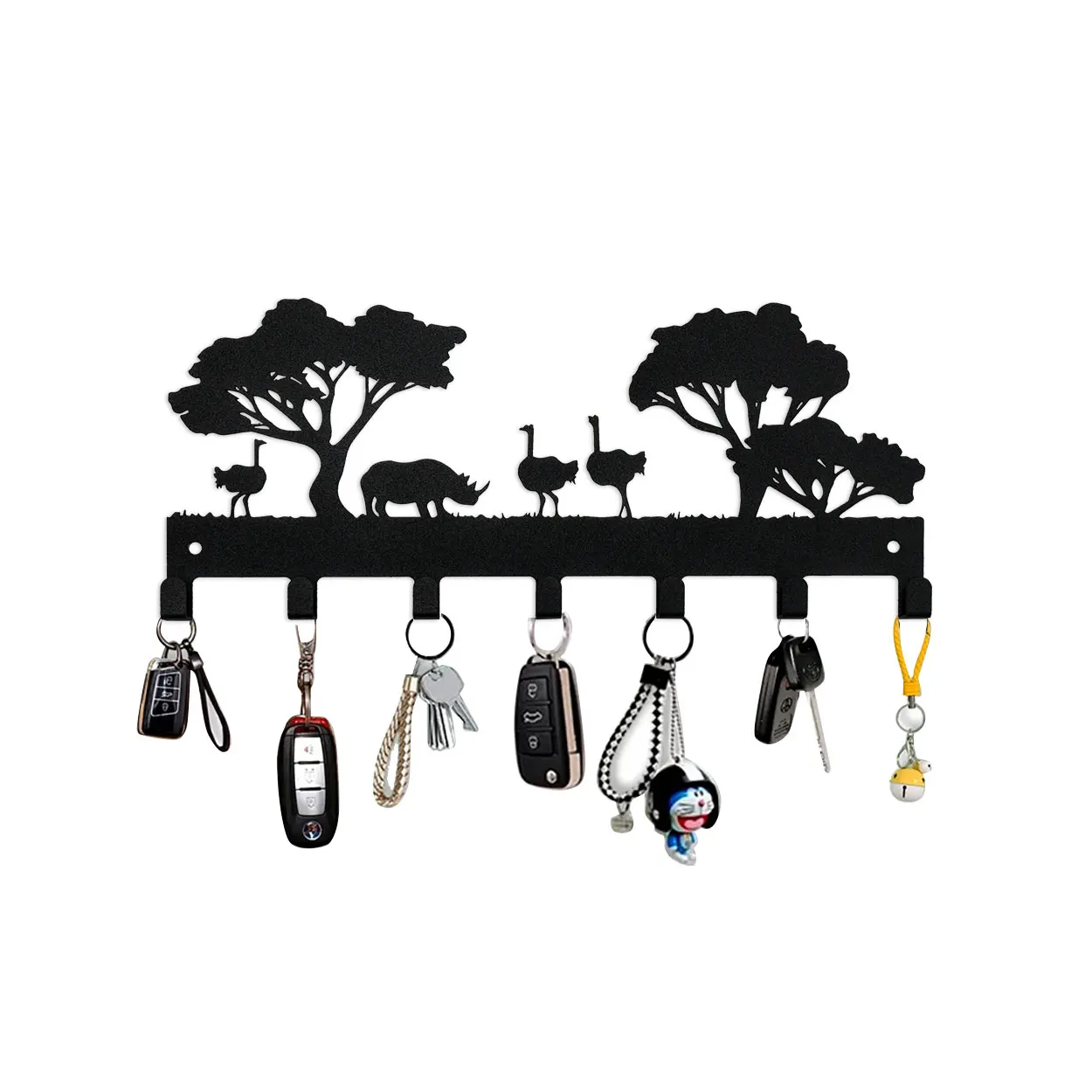 2D Metal Ostrich Key Organizer Wall Decorative with 7 Hooks, Black Wall Mount Key Holder for Entryway Key Holder for Wall Decor