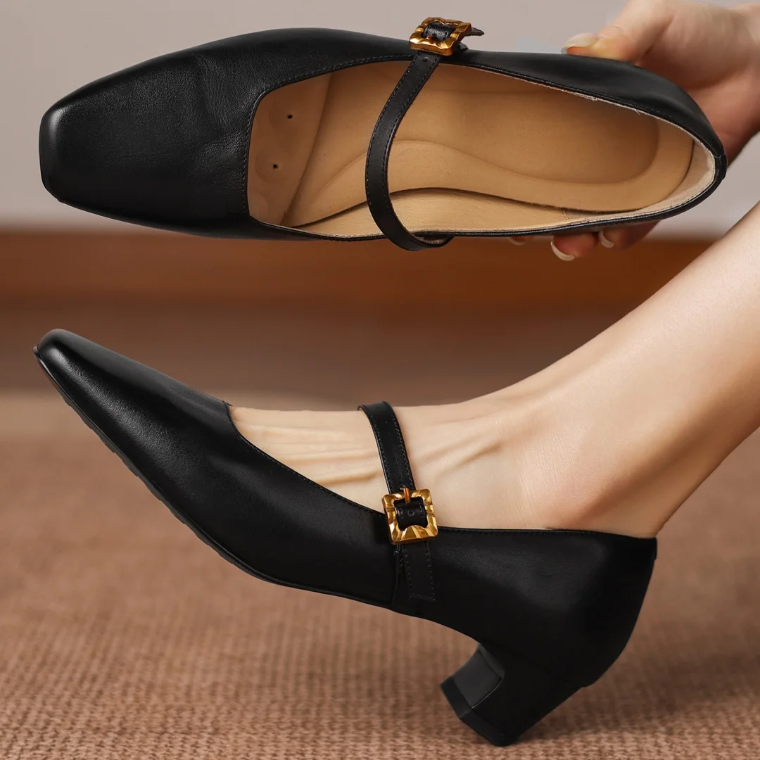 

Туфли-мэри-джейн Danxuefei 2026: новые женские туфли из натуральной кожи с металлической пряжкой, квадратным носком, каблуком 4 см, элегантные, для торжественных случаев