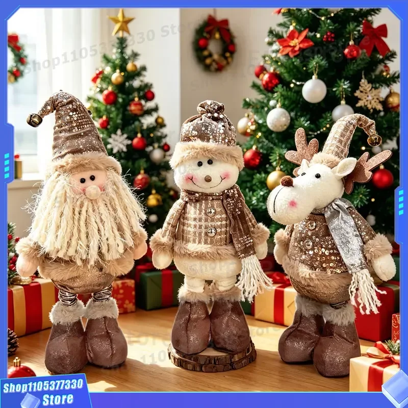 Eco Friendly Handmade Vintage Plaid Christmas Ornament Telescopic Santa Claus Snowman Reindeer Plush for Home Hotel Mall