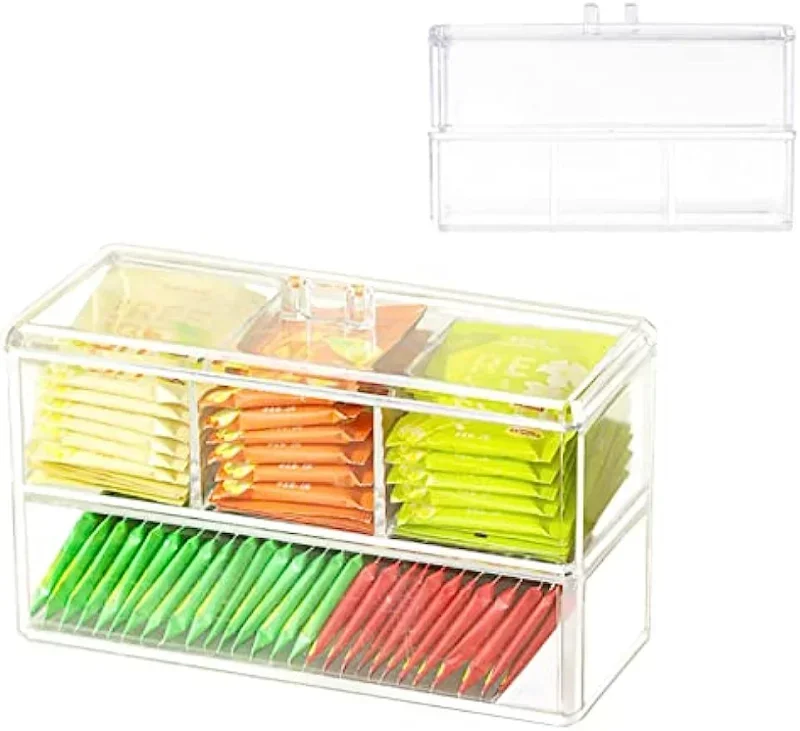 

Acrylic Tea Container Storage Box Used in Kitchen Cabinet and Pantry| Holder for Tea Bags, Packets, Small Items, BPA free Clear