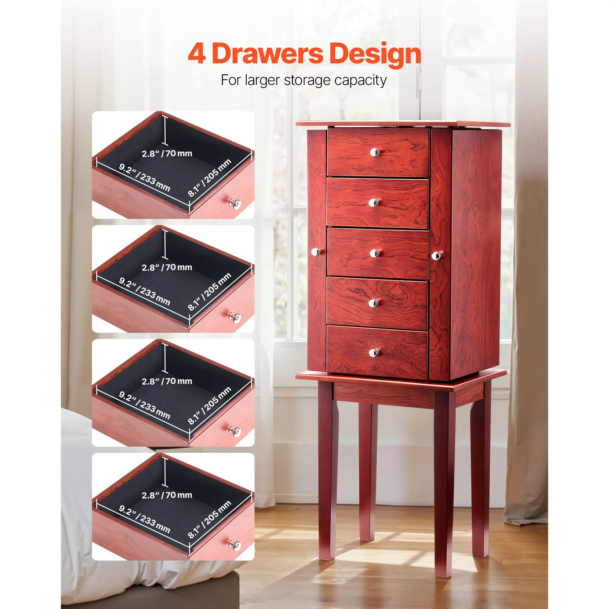 Jewelry Cabinet Armoire, Standing Wood Jewelry Storage Chest with 4 Spacious Drawers, Flip Top Mirror, 4 Top Storage Compartment