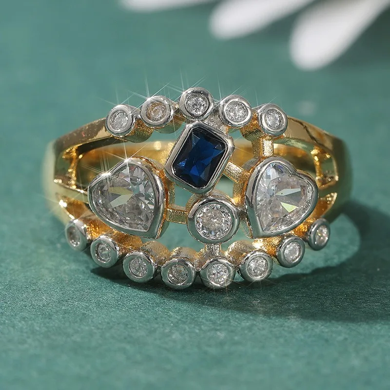 Exquisite Two Color Inlaid Blue White CZ Heart Women's Ring Geometry Daily Wear Party Jewelry