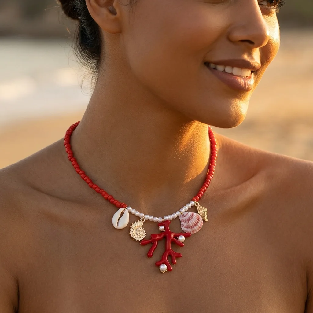 Bohemian Island Vacation Style Sea Shell Coral Beaded Necklace for Women - Summer Dopamine Neck Chain