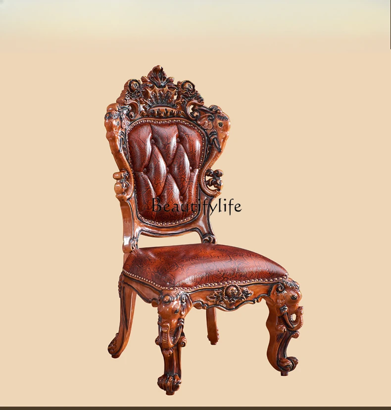 

European dining chair, American first-layer leather solid wood elephant carved dining chair