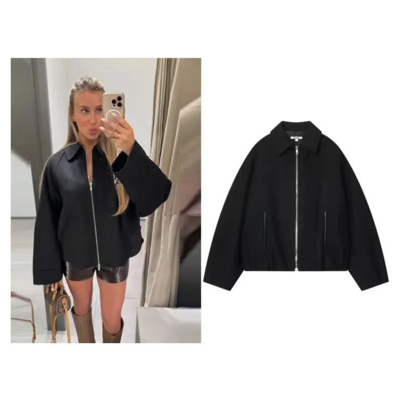 

Pilot Jacket Women Double Layered Collar Long Sleeve Zipper Autumn Simple Fashion Elegant Lady Coats Chic Female Tops