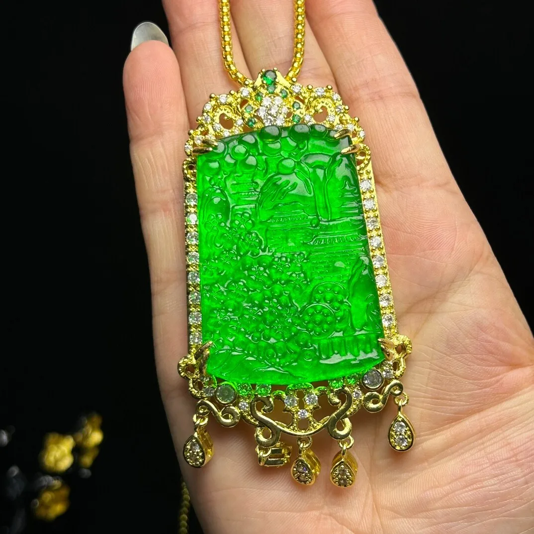 Real Natural High Ice Green Jade Jadeite landscape Pendant&Necklaces