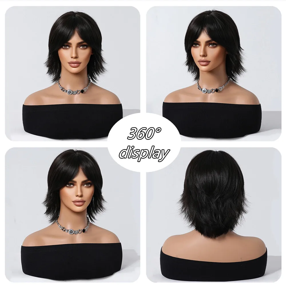 ALAN EATON Black Short Layered Synthetic Wigs for Women Straight Wigs with Bangs Soft Natural Looking Daily Hair Heat Resistant