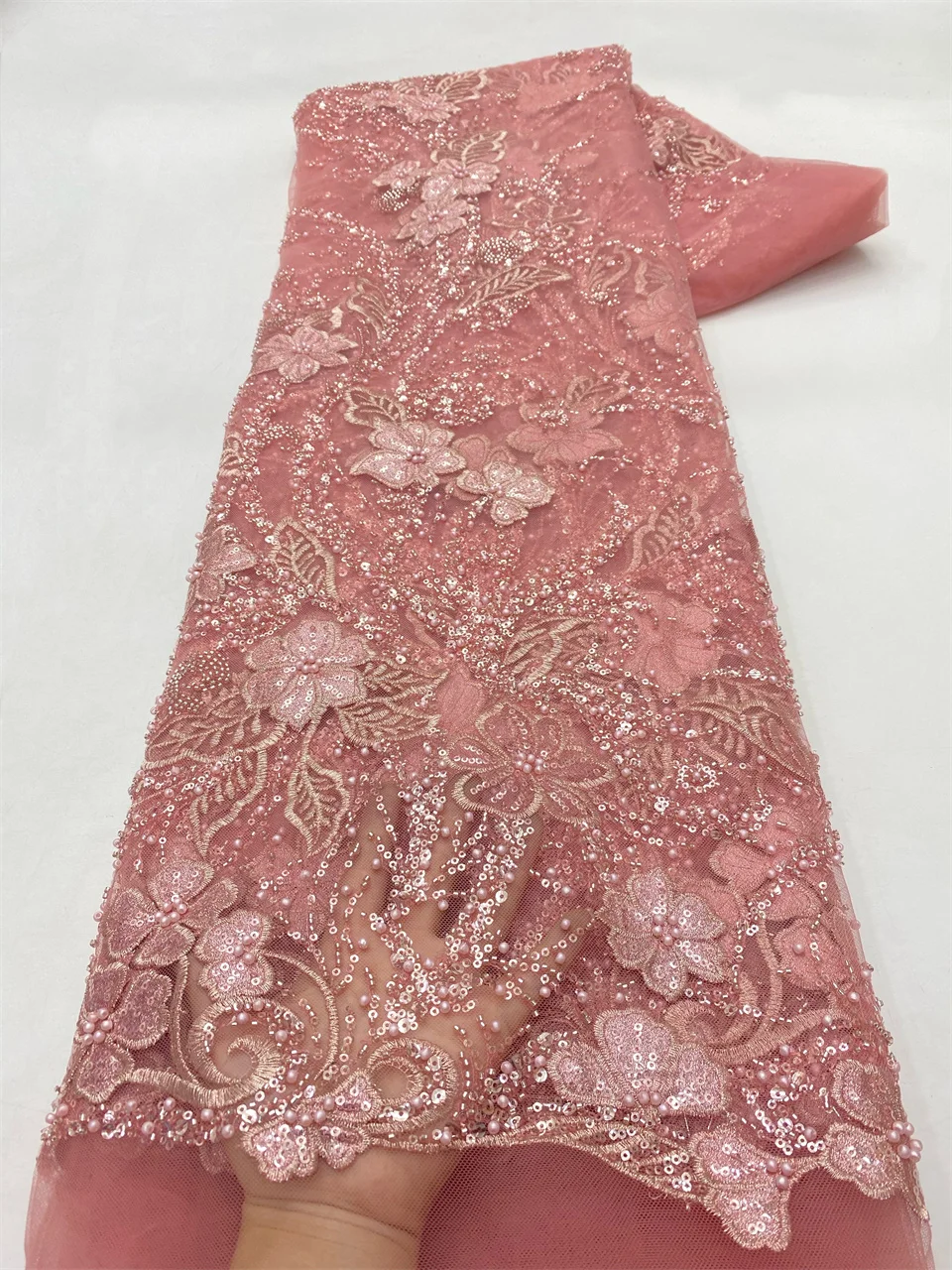 

5 Yards Luxury African Sequins Lace Fabric 2024 High Quality French Nigerian Beaded Lace Fabric for Sewing HXZ6126