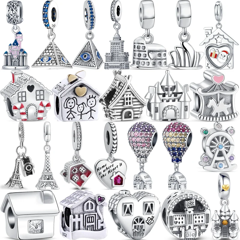 

925 Sterling Silver Balloon House Castle Iron Tower Pyramid Ferris Wheel Beads Fit Original Pandora Charms Bracelet Fine Jewelry