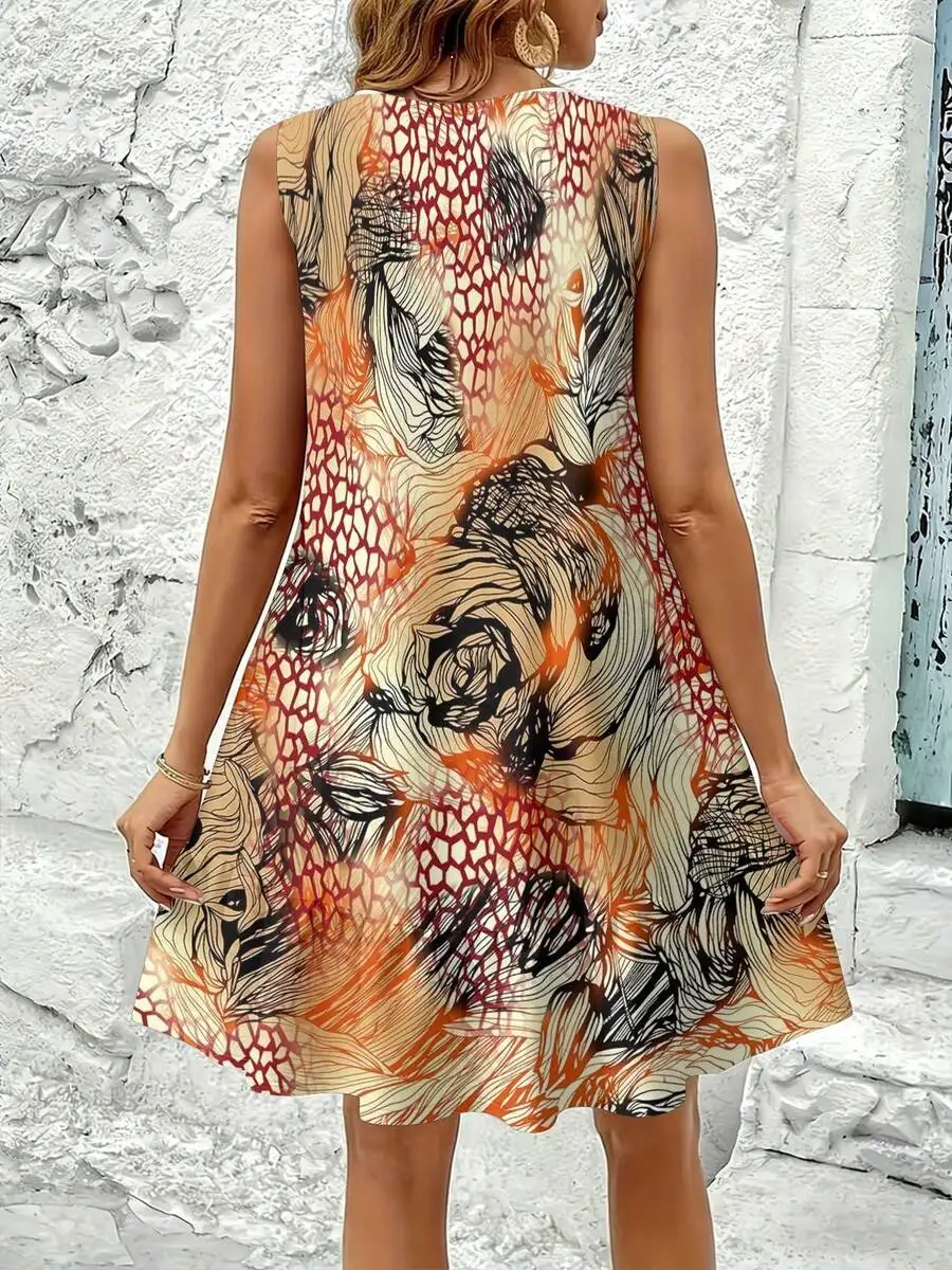 

Womens Sleeveless Round Neck Bohemian Swing Dress Abstract Floral Print Orange Black Casual A-Line Summer Dress