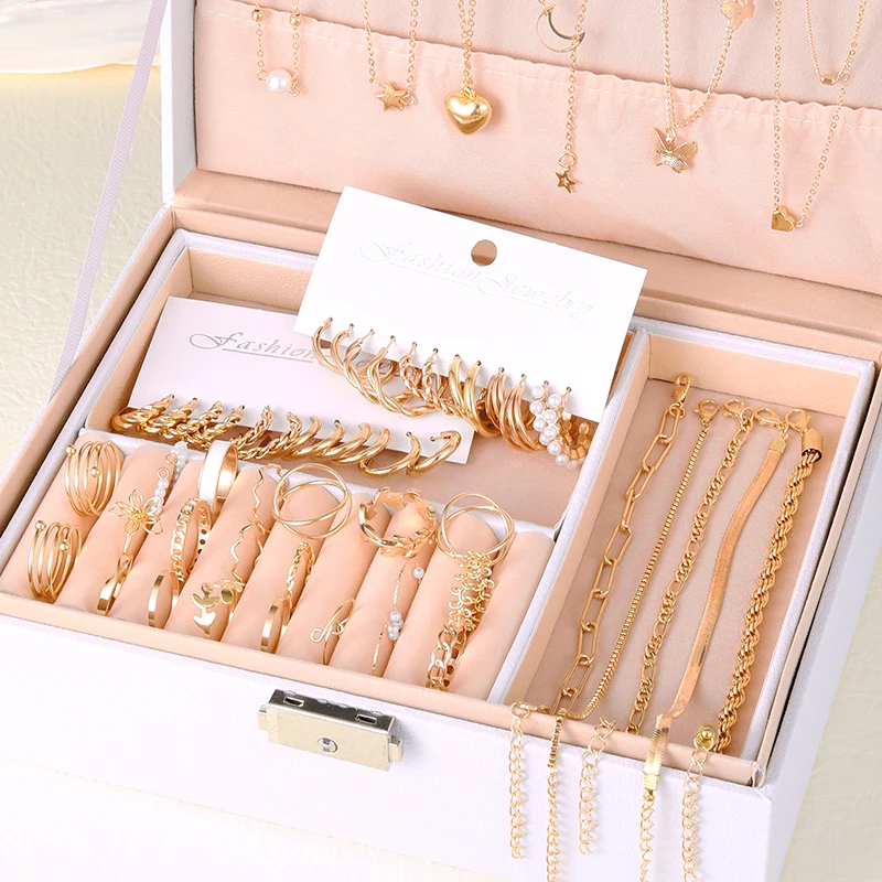 New 44 Pcs Boho Jewelry Sets for Women Fashion Vintage Heart Zircon Pearl Metal Earrings Necklaces Bracelets Ankles Rings Gifts