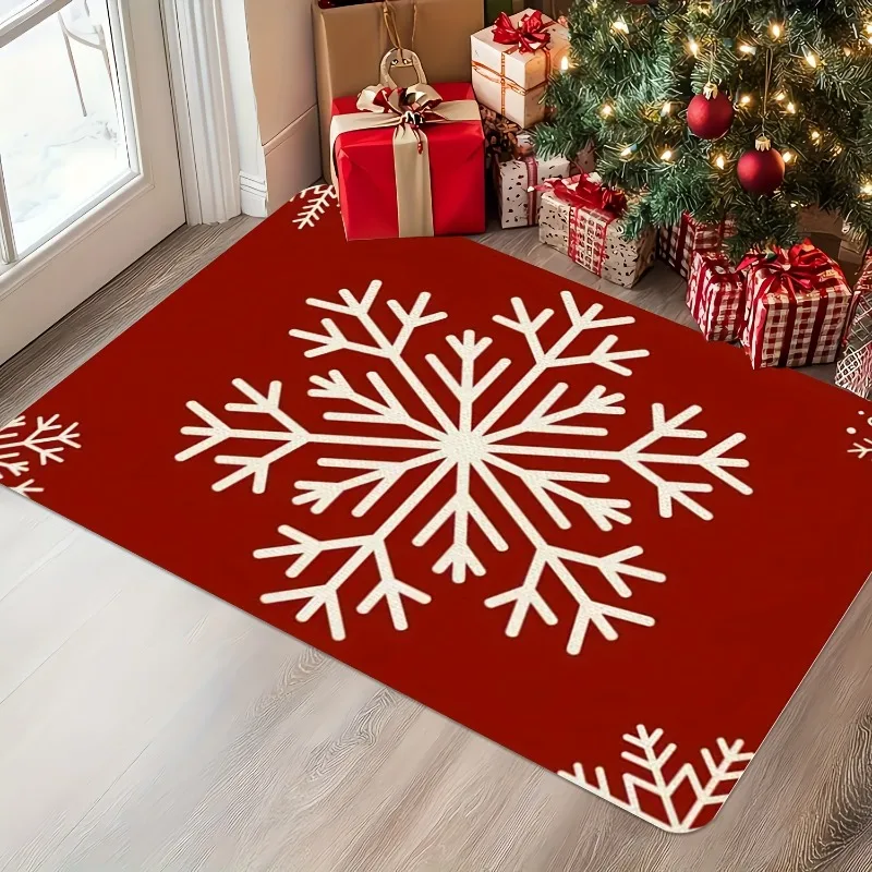 Christmas Cute Penguin Santa Hat Doormat Stripe Snowflake Print Indoor Rug Entryway Carpet Area Mat for Porch Hallway Holiday