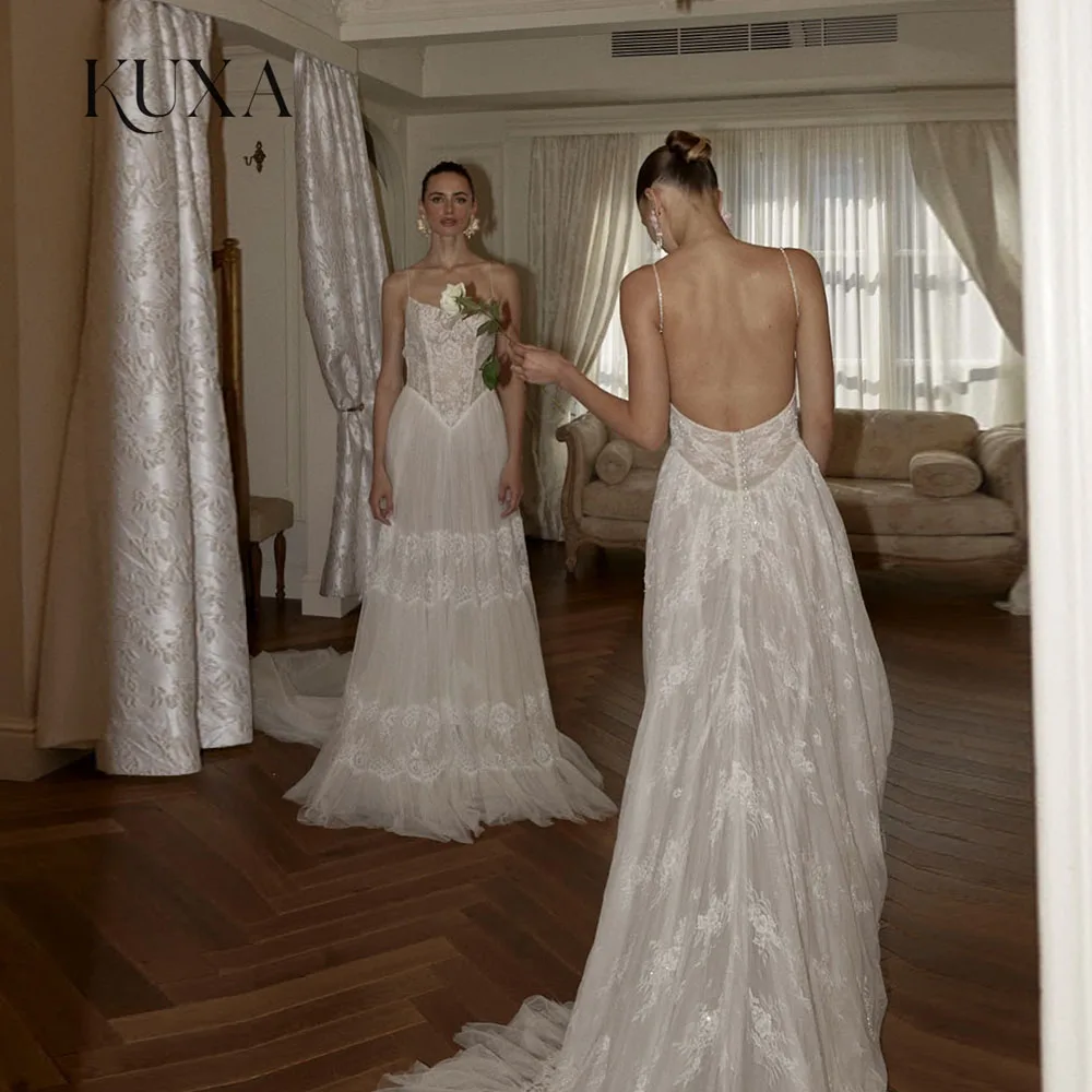 KUXA Customized Spaghetti Straps Wedding Dress Floral Lace A‑Line Bridal Gown Deep V Back Button Closure Long Train Romantic