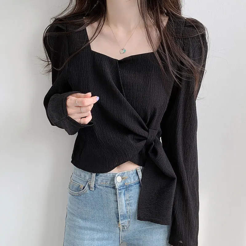 Women\'s Spring Fashion Simplicity Solid Color Square Collar Long Sleeve Shirts Women Clothes Elegant Temperament Casual Tops