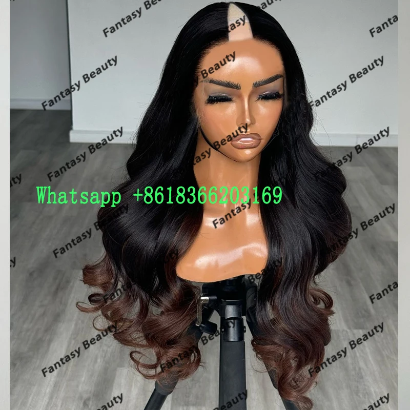 

Long Wavy Human Hair Glueless Opening V Part Wigs for Black Women Ombre Dark Chocolate Brown Remy 1x4 Size U Part Wigs Natural