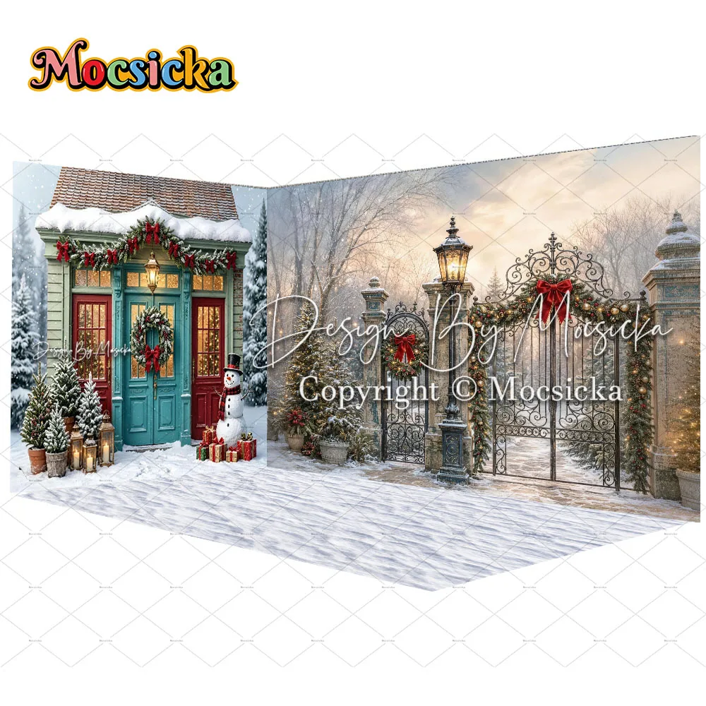 Mocsicka Christmas Cottage Backdrop Photography Snowman Snowy Gate Wreath Lantern Background Winter Family Outdoor Studio Photo