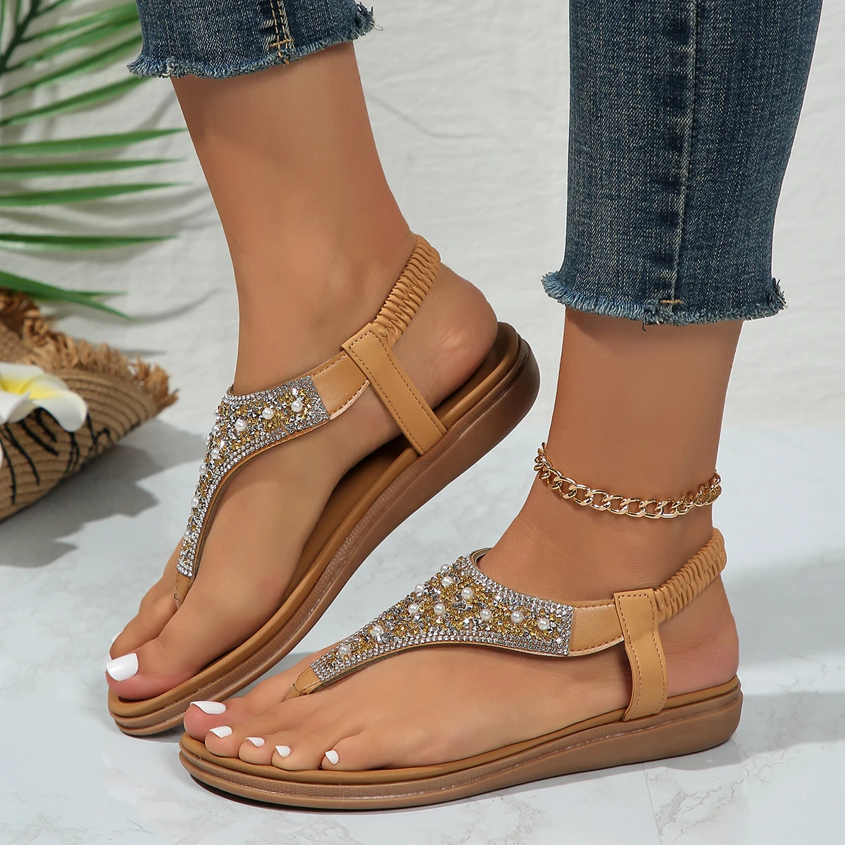 Clip Toe Bohemian Style Sandals for Women Fashion Mix Color Pearl Rome Sandals Woman 2024 New Flat with Non-Slip Beach Shoes