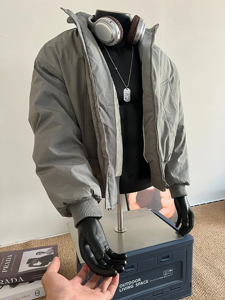 

ey Tee-Proof Stand Collar Thiened Cotton Jaet Men's Autumn Winter Baseball Sle Warm Versatile Stand Fit Long Sve