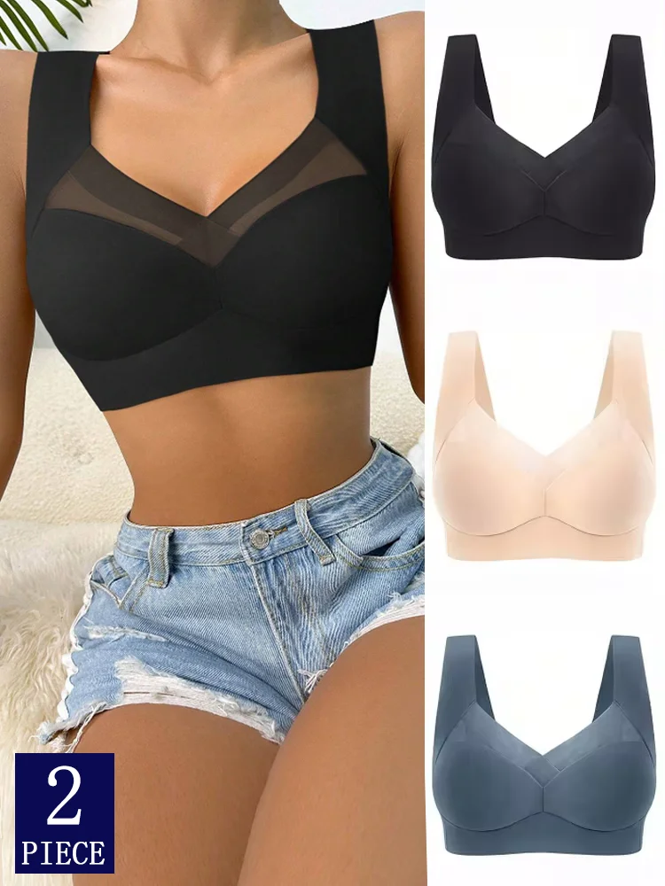 2PCS Women Sport Lace Bras Plus Size Seamless Bra Bralette Backless Lady Brassiere Vest Female Gather Shock-Proof Wireless L-3XL