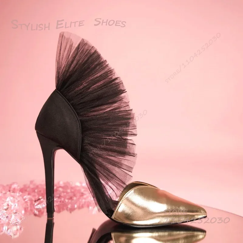 

Black Mesh Ankle Lace Gold Matte Leather Heel Women Elegant Stiletto Sandal Shiny Patent Zipper Pointed Buckle Pump Evening Shoe