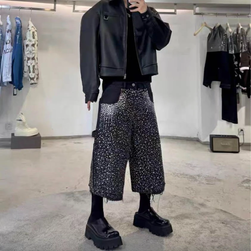 

Vintage Rhinestone Sequin Denim Shorts Streetwear Mens 2000s Y2k Jeans Hip Hop Baggy Denim Gym Shorts Casual Basketball Shorts