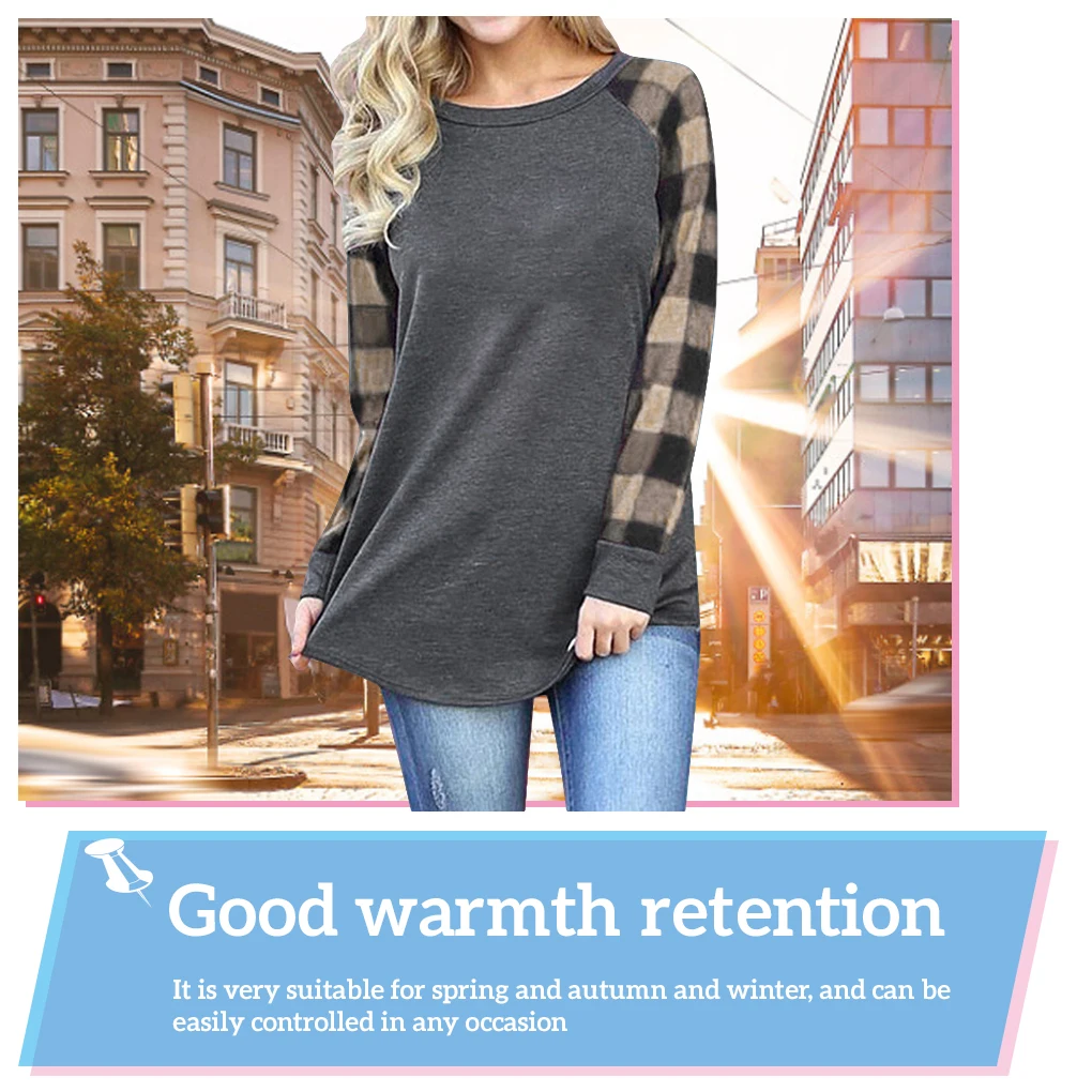 Camiseta de mujer con cuello redondo y manga larga, Top informal a cuadros empalmados, cuadros rojos, S