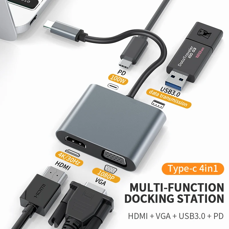 USB C Hub 4-in-1 MultiPort Laptop Docking Station with 4K HDMI,VGA 1080P,USB3.0(5Gbps),PD 100W for Macbook Pro/Air iPad Pro XPS