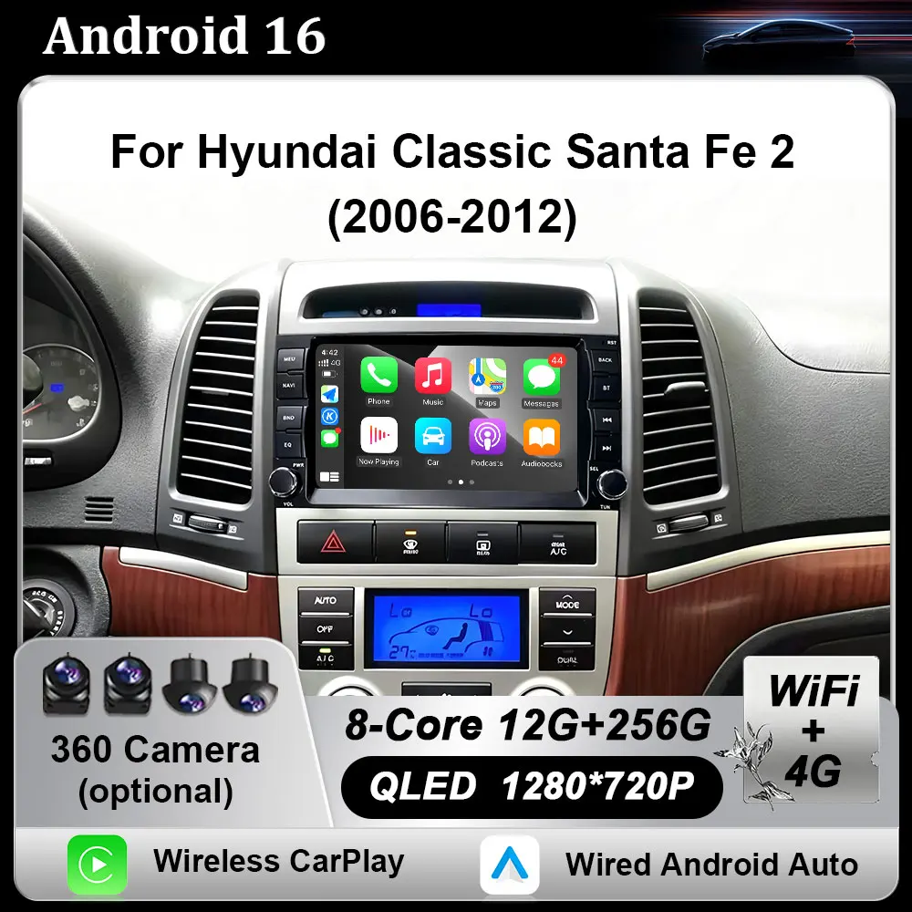 Ultra Clear Screen For Hyundai Classic Santa Fe 2 2006-2012 Wireless CarPlay Car Radio Android 16 Multimedia Player Auto WIFI 4G