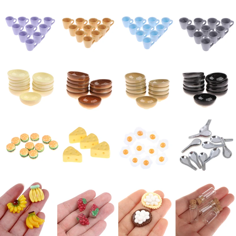 10Pcs/Set Dollhouse Miniature Bowl Cups, Cheese Cake, Hamburger, Fried Eggs, Simulation Fruit DIY Scene Doll House Kitchen Toys