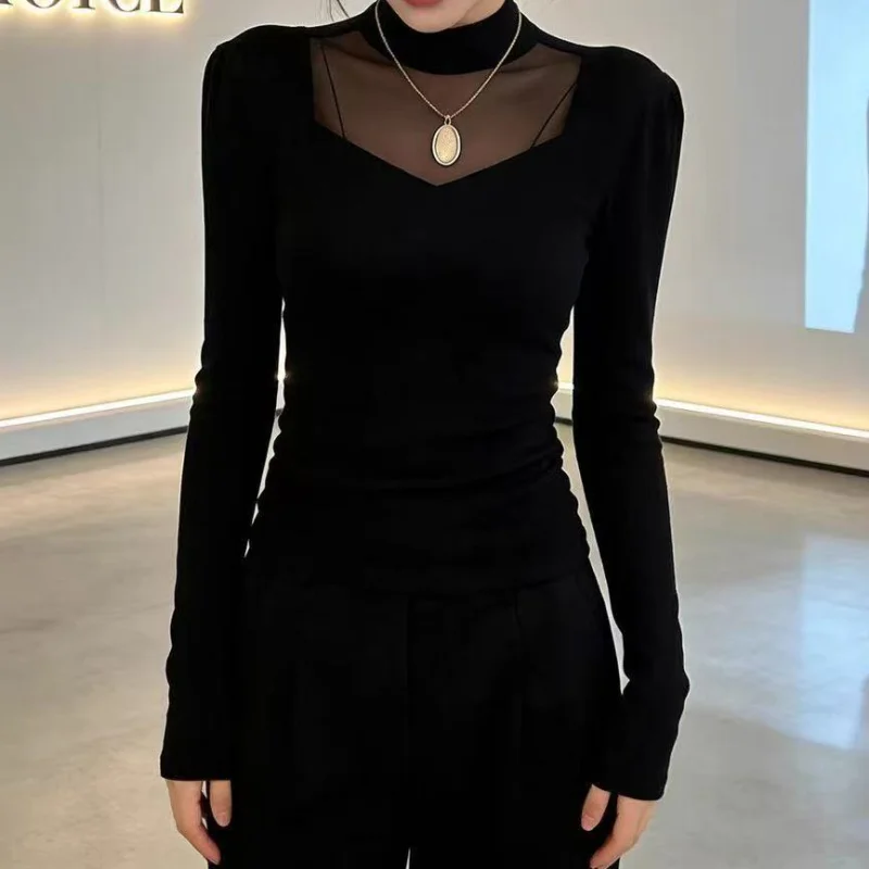 Damen Frühling Halbhoher Kragen Langarm T-Shirt mit Netzstoff-Einsätzen, Schwarzes Elegantes Transparentes Oberteil – Detail 1