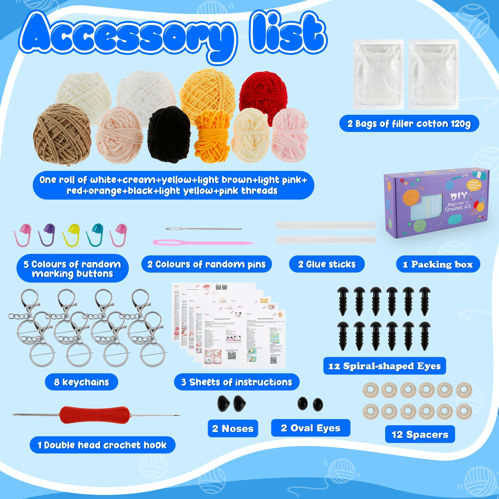 Cute Animal Crochet Knitting Kit DIY Beginners Crochet Starter Pack with Yarn Stuffing Crochet Hooks and Step-by-Step Video
