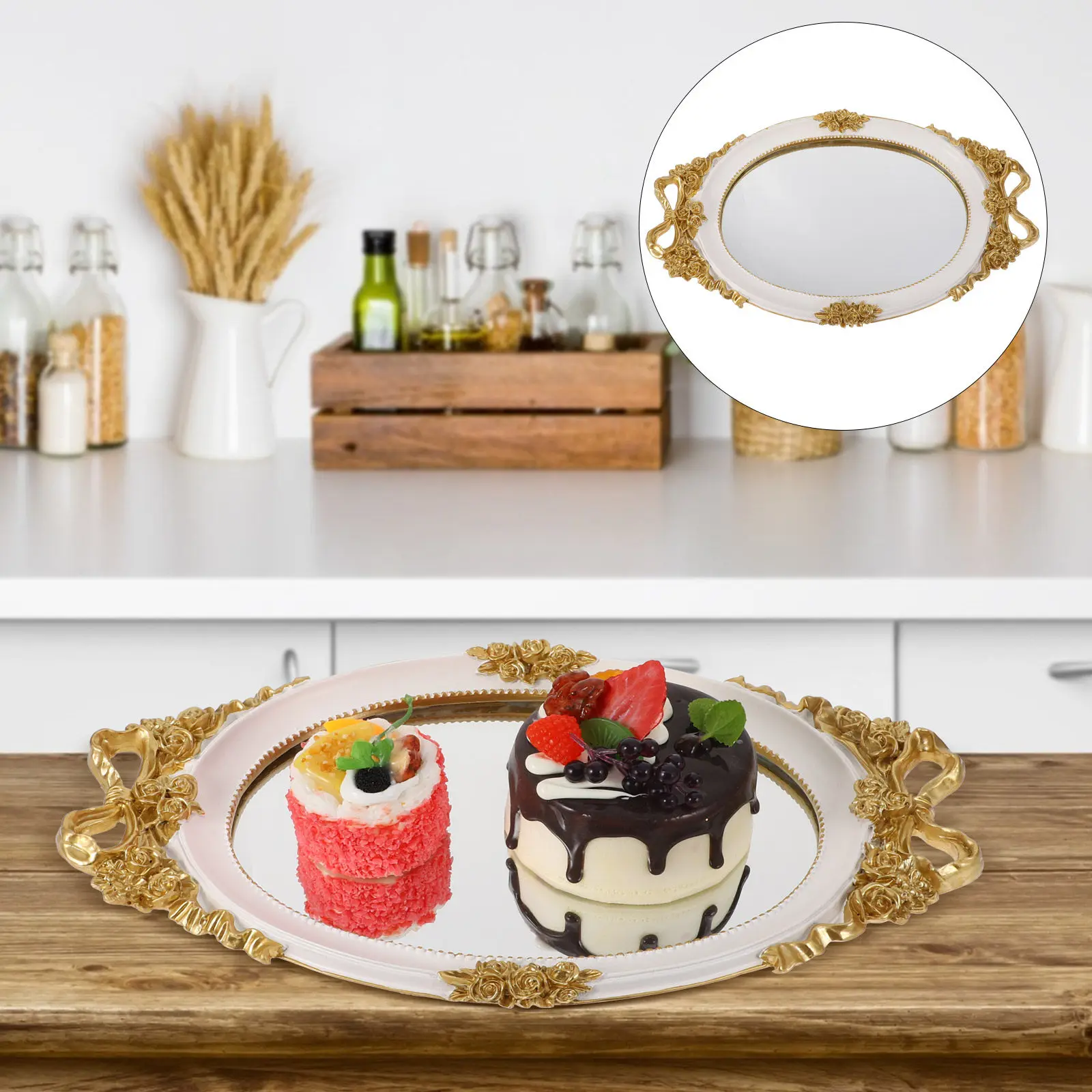 

1 шт. Зеркальный поднос в ретро-стиле из смолы и стекла для хранения, декоративный, для дома, гостиной, спальни, для демонстрации украшений, десертов, для свадеб и вечеринок