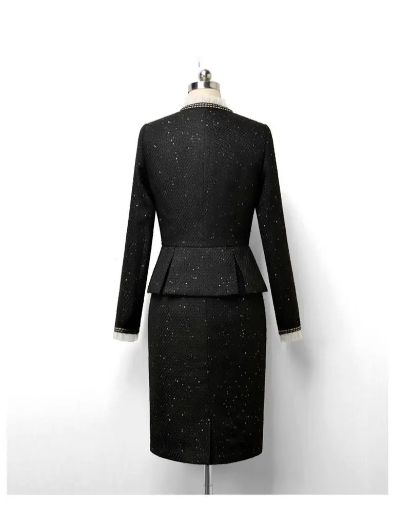 Women Elegant Chic Formal Occasion Suit Jacke Coat Top And Skirt Two Piece Set Outfit Winter Jacquard Vintage Tweed Clothing