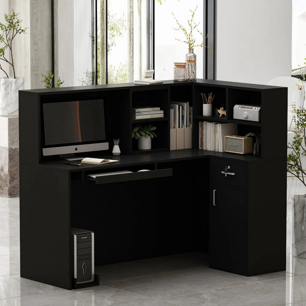 

Reception Desk L-Shaped Office Desk with Counter, 1 Door Storage Cabinet, 1 Lockable Drawer, Hutch Shelf and Keyboard Tra