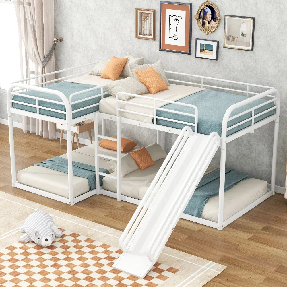 Full and Twin Size L-Shaped Bunk Bed with Slide and Short Ladder, White Bunk Bed with Slide Bunk Beds Cama Para Niña Kids Bed US