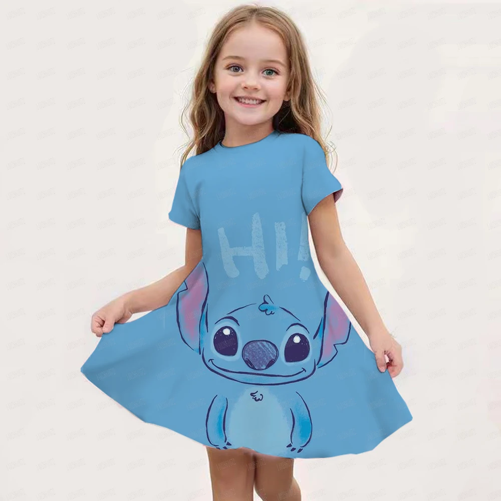 Comfortable short sleeve 2024 Disney Star Baby Stitch Cute Cartoon Print Children's Dress Girls Round Neck Summer New Affordable