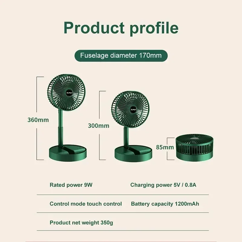 무선 무소음 선풍기 휴대용 USB 충전식 접이식 텔레스코픽 바닥 선풍기, 저소음 고배터리 수명 3 단 야외 캠핑 선풍기