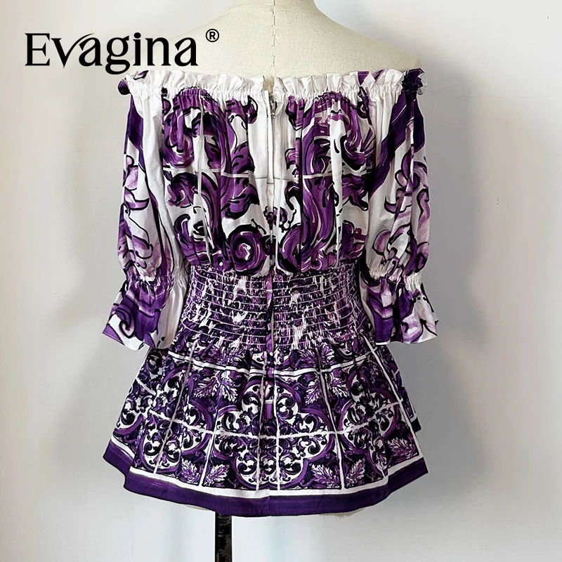 Evagina 2025 الخريف كشكش الأرجواني السيراميك طباعة حفلة السفر الترفيه قارب الرقبة قصيرة الأكمام ملابس علوية من القطن