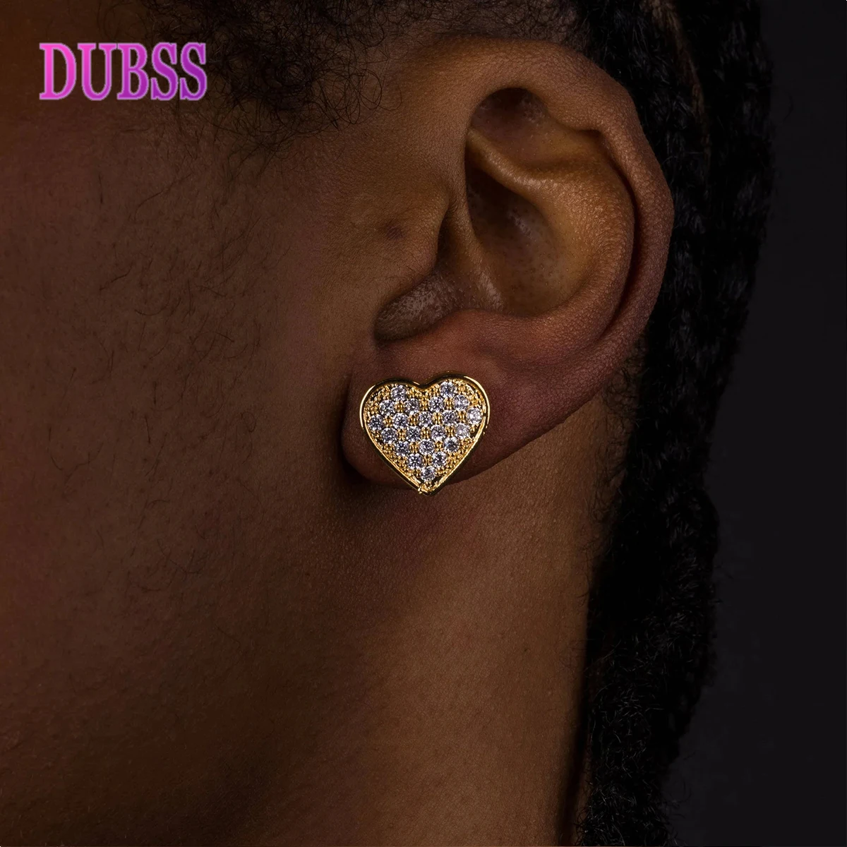 

Dubss 14MM Width Heart-shaped Gold Color Stud Earring For Men Women Full Cubic Zircon Screw Back Earrings Fashion Hip Hop Jewelr