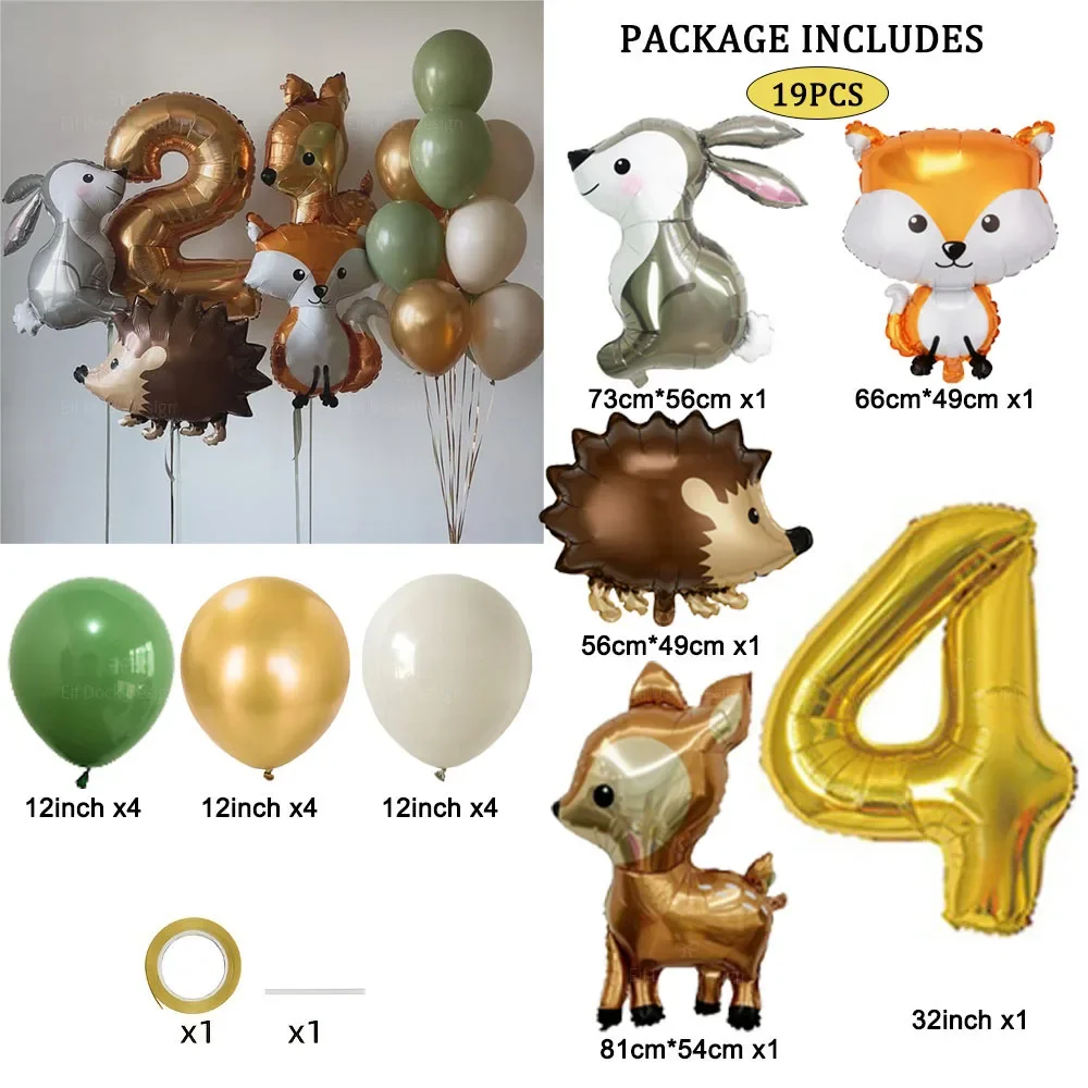 19 قطعة القنفذ الغزلان الثعلب أرنب بالون مجموعة الذهب عدد بالون الغابات الحيوان عيد ميلاد سعيد زينة الحفلات هدايا الاطفال