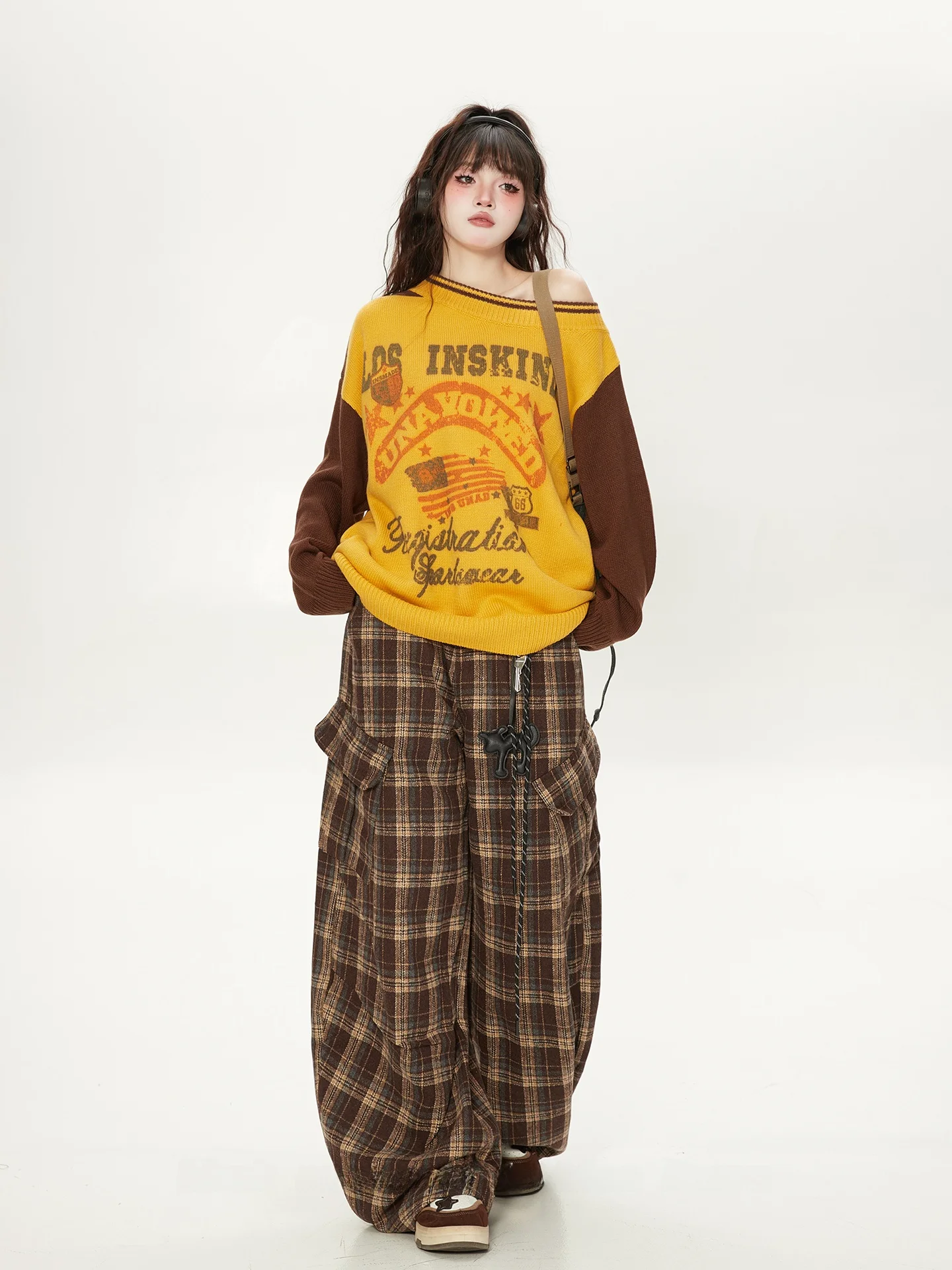 American Retro Spliced Color Block Print Large Collar Women's Sweater Loose Casual Shoulder Slanting Knitted Shirt Lazy Style