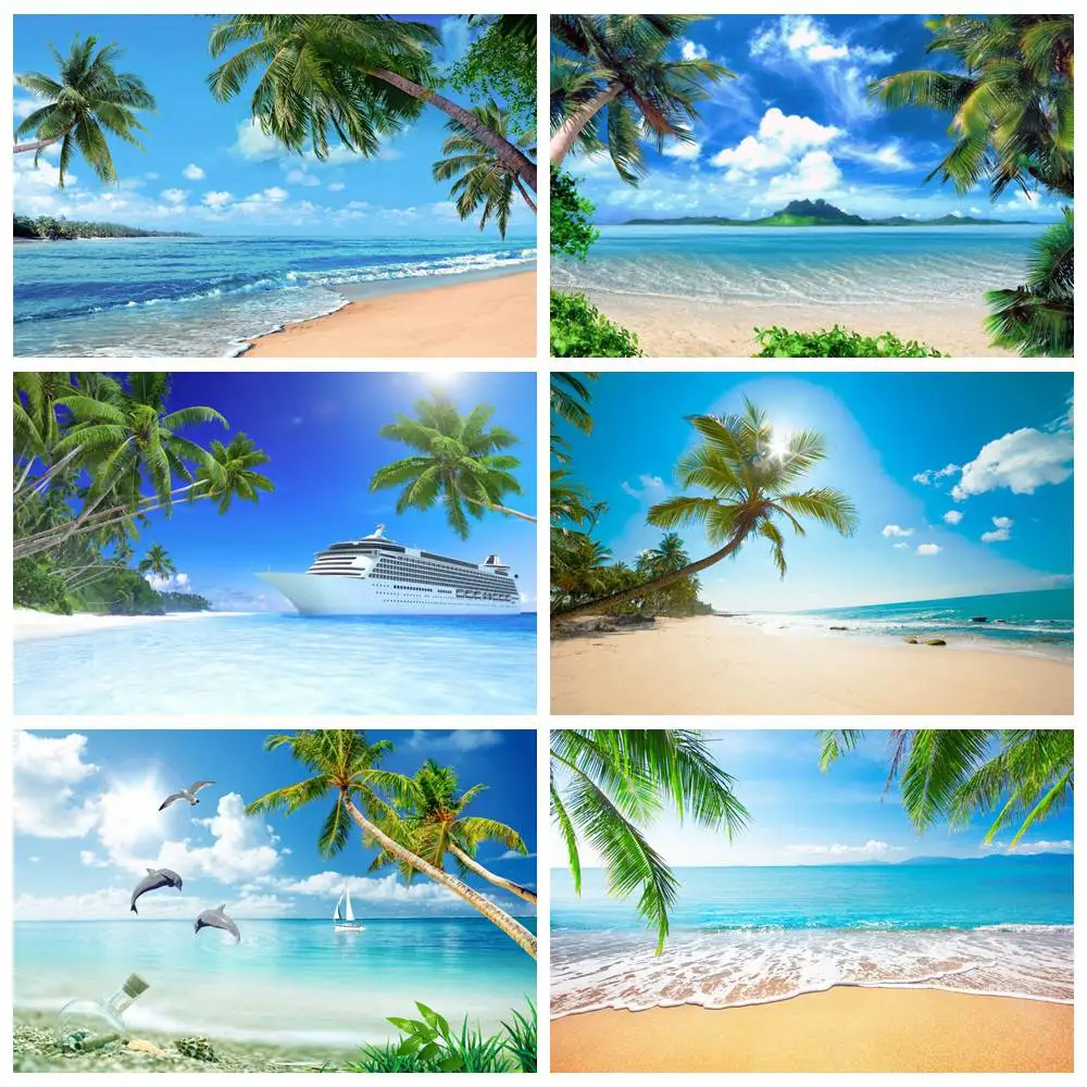 MOON.QG Ocean Beach Backdrops for Photo Shoot Summer Tropical Palm Tree Ship Sand Wave Photography Background Home Decorations