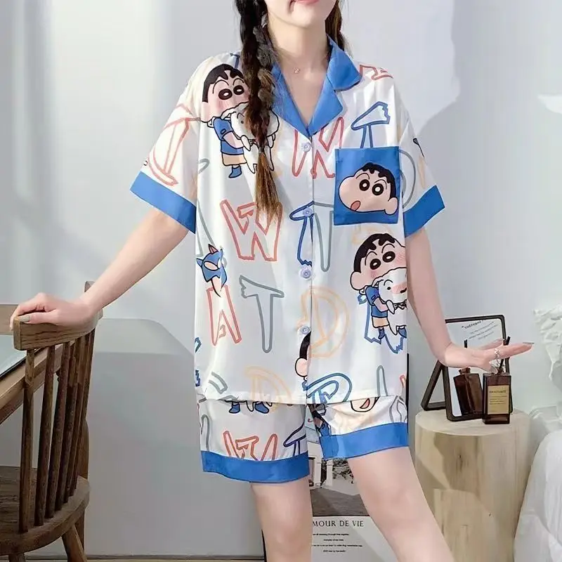 2024 Kawaii Crayon Shin-Chans French Ice Silk Pajamas Leisure Breathable Anime Comfortable Cool Home Clothing Set For Girls